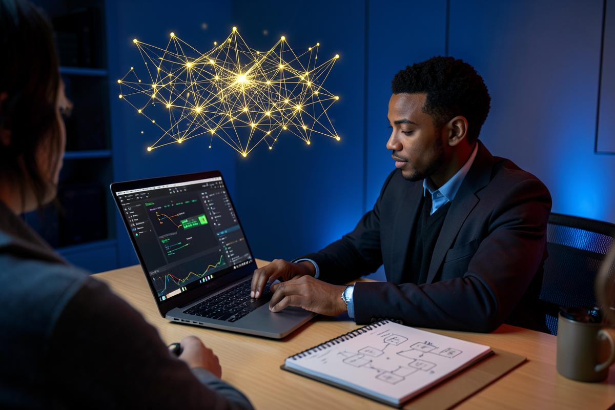 A professional working with AI tools on a laptop beside a notebook of workflow diagrams