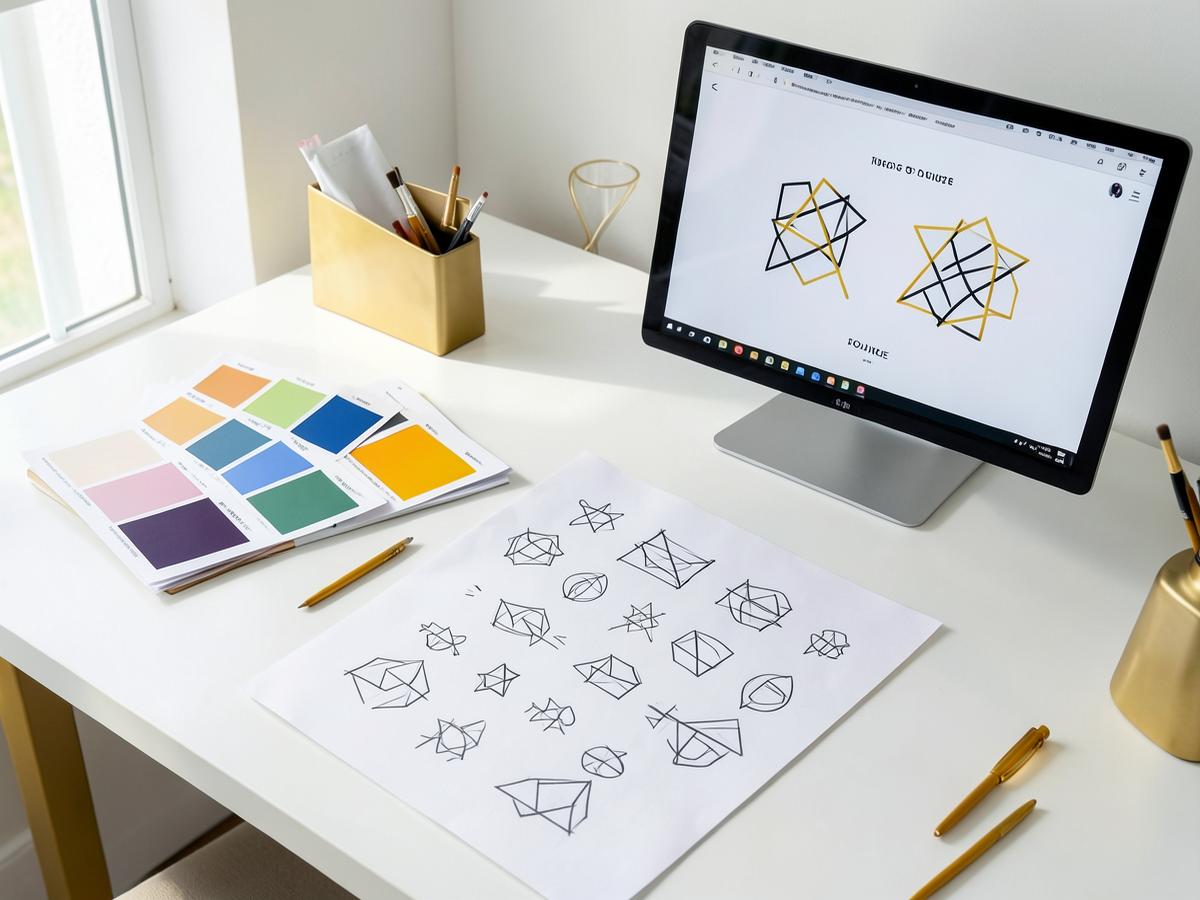 A designer's desk with logo sketches, printed colour swatches and a screen showing brand marks