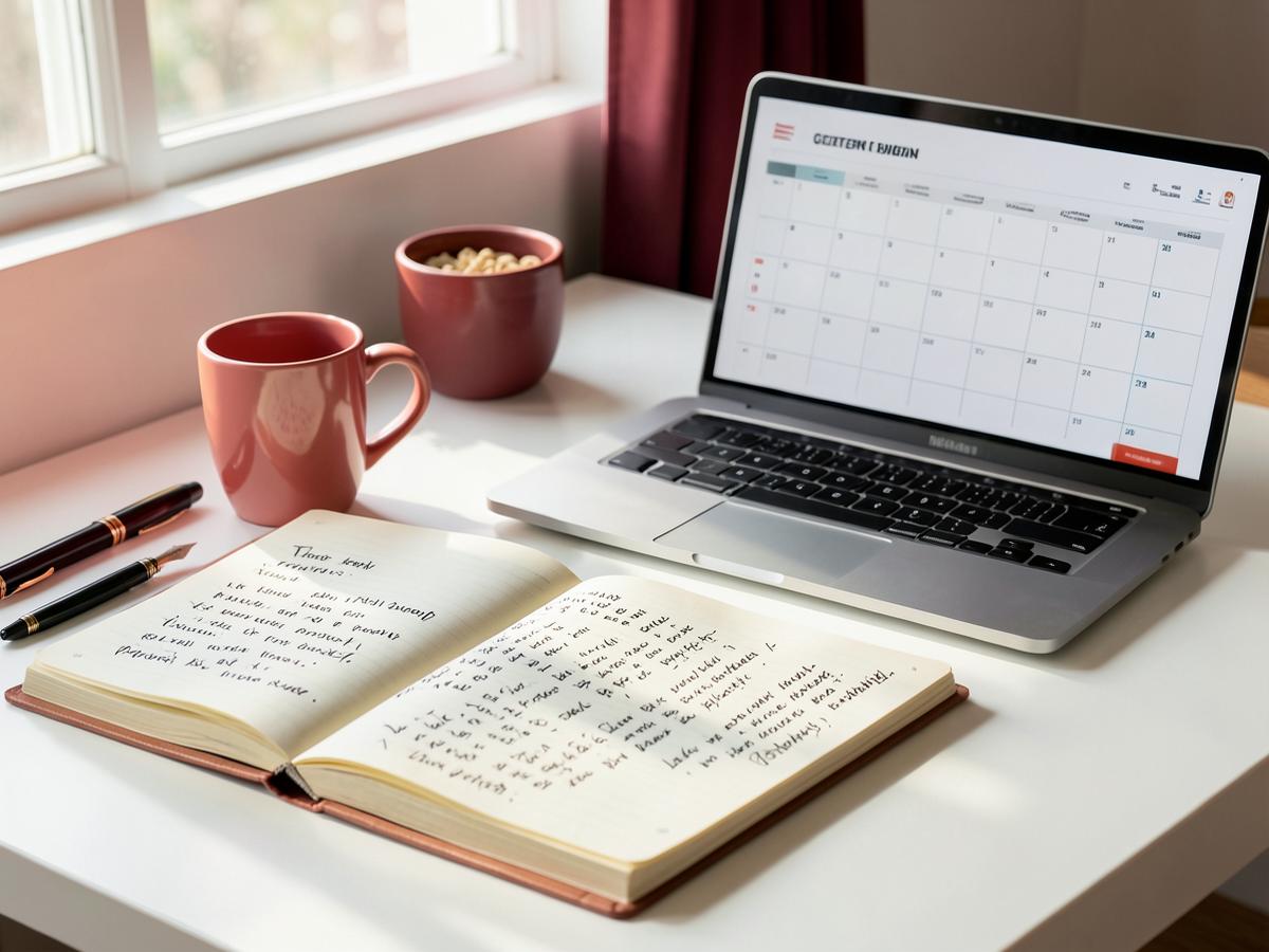 A writer's desk with a notebook of headline drafts, coffee and a laptop showing a content calendar