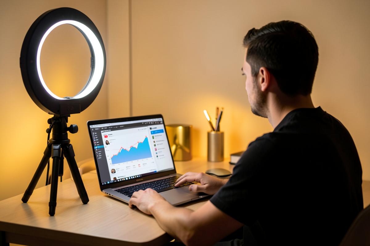 A creator filming at a desk with a ring light beside a laptop showing a rising channel analytics graph
