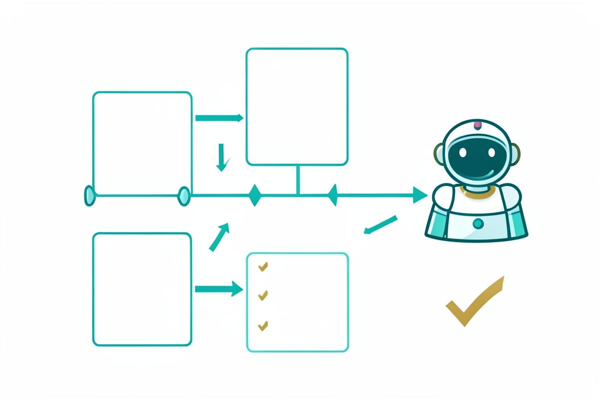 Illustration of an AI workflow with connected steps, an assistant and a checklist of automated tasks