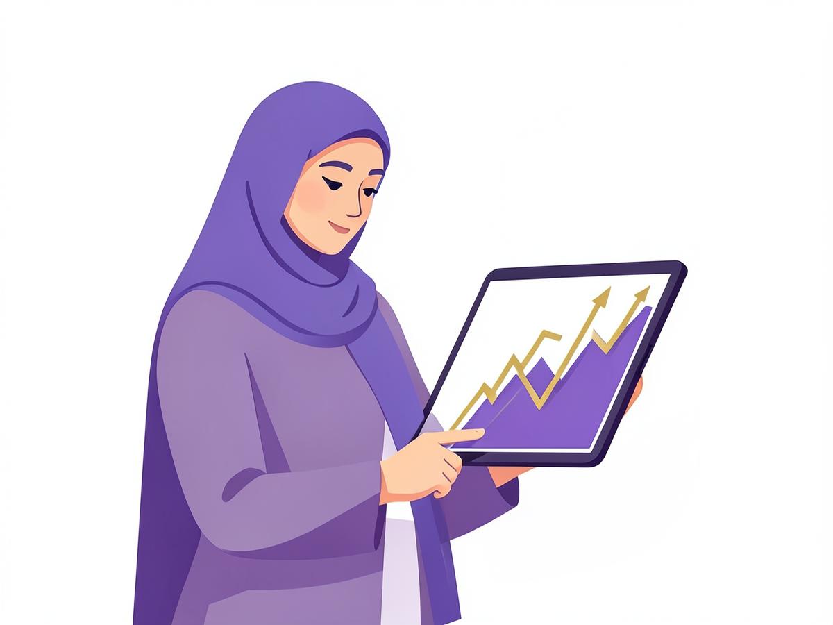 Illustration of a writer reviewing blog traffic growth on a tablet