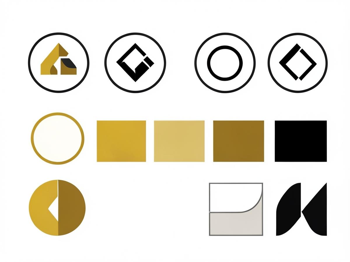 Illustration of a brand identity kit with logo variations and colour swatches