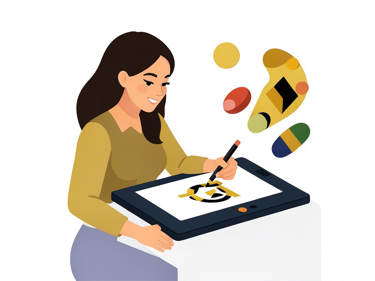 Illustration of a designer drawing a logo on a graphics tablet