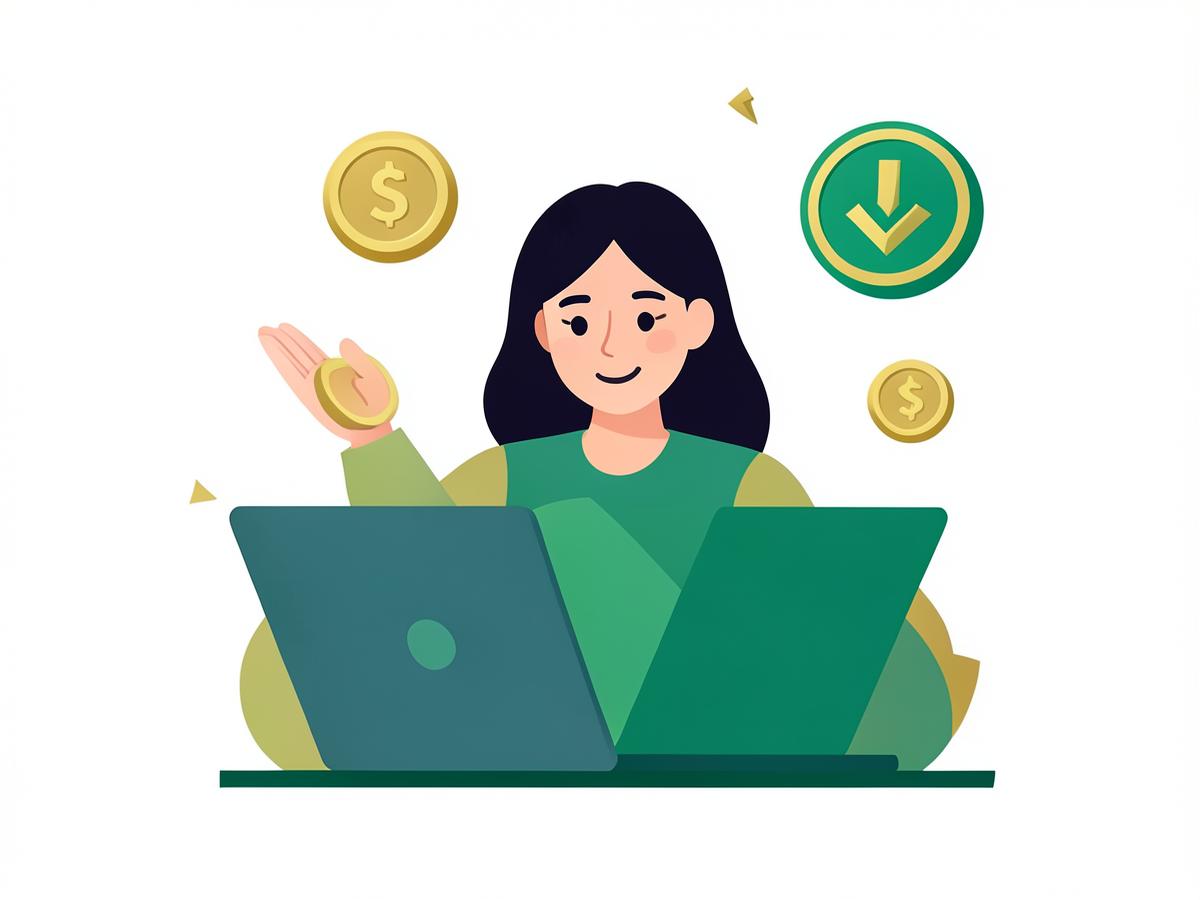Illustration of a creator celebrating a digital product sale on a laptop