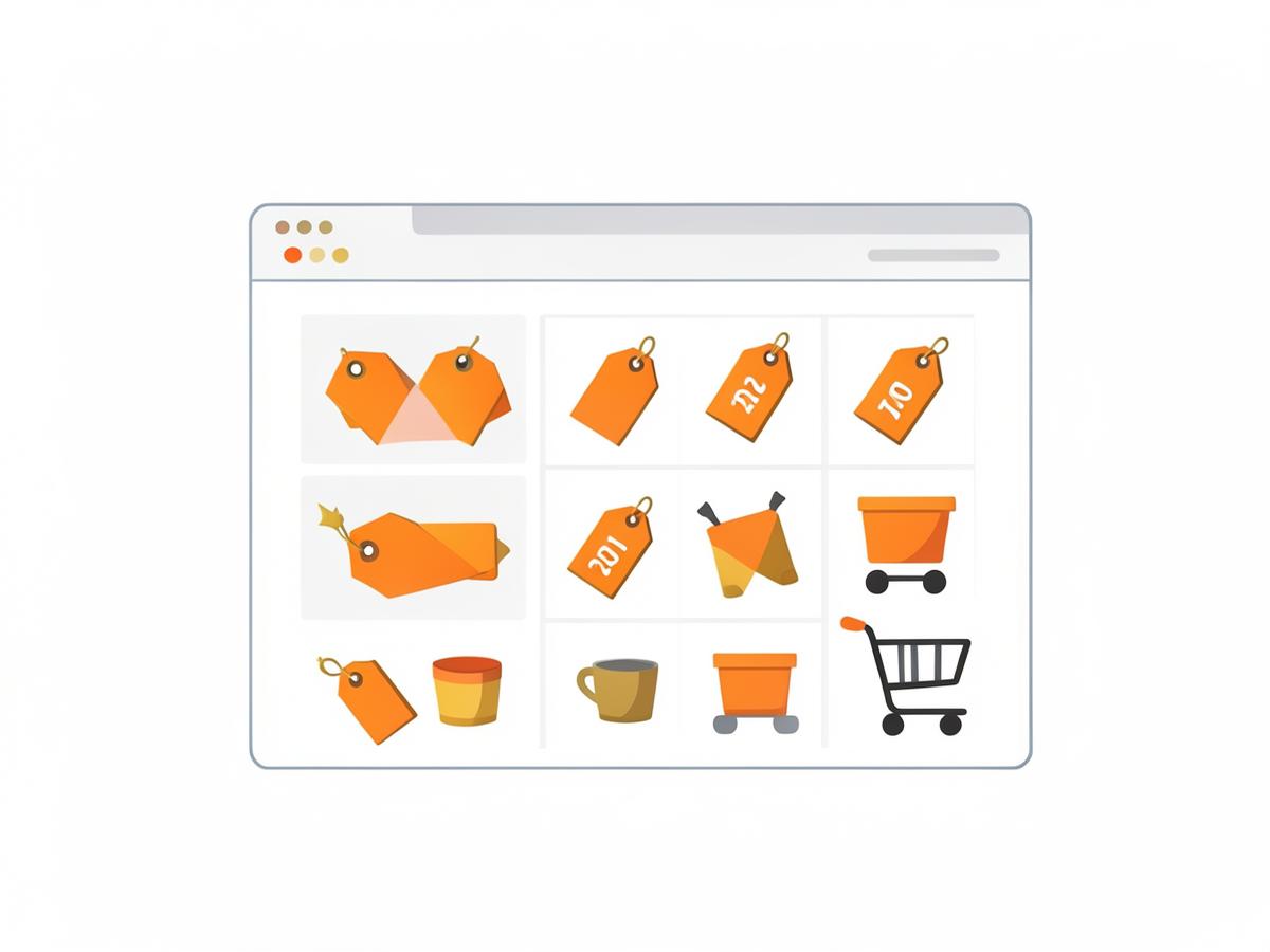 Illustration of an online store product grid with prices and a shopping cart