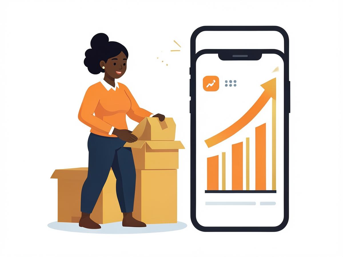 Illustration of a seller packing orders beside a rising sales chart