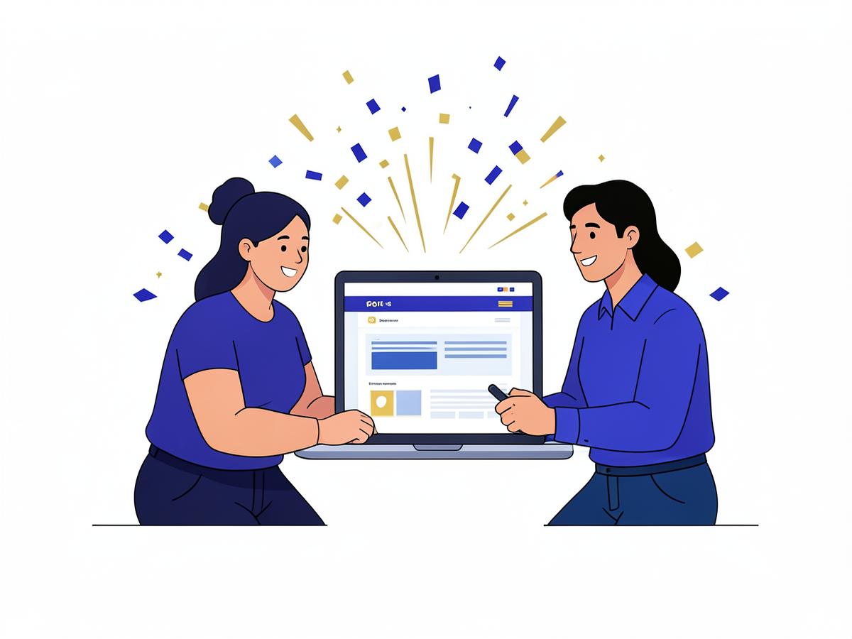 Illustration of two people reviewing a finished website on a laptop