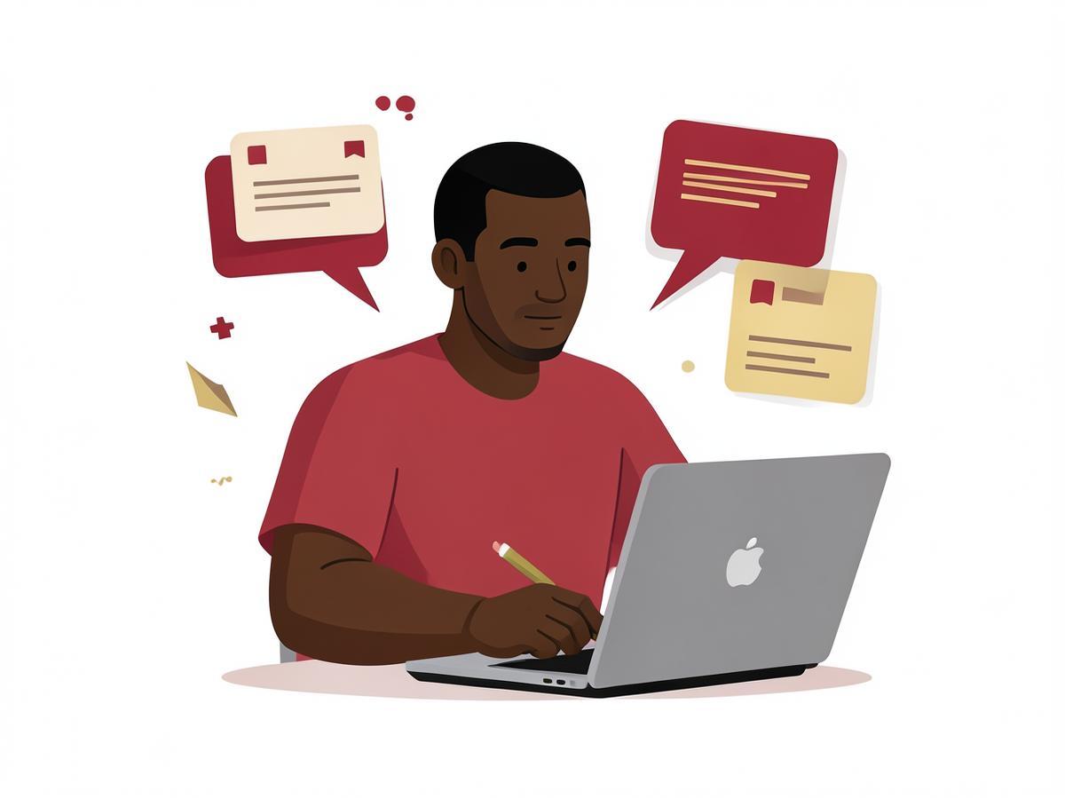 Illustration of a writer drafting content with social posts around him