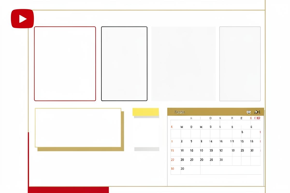 Illustration of a YouTube content plan with thumbnails, title notes and a publishing calendar