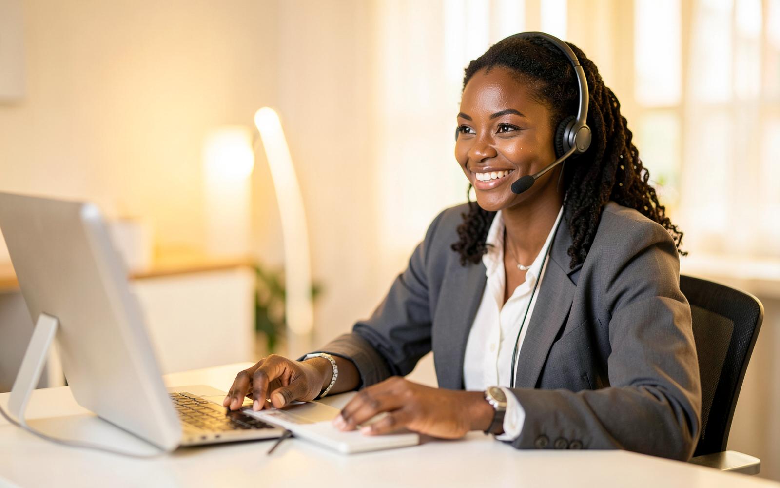 A friendly support advisor smiling at her desk while replying to a message