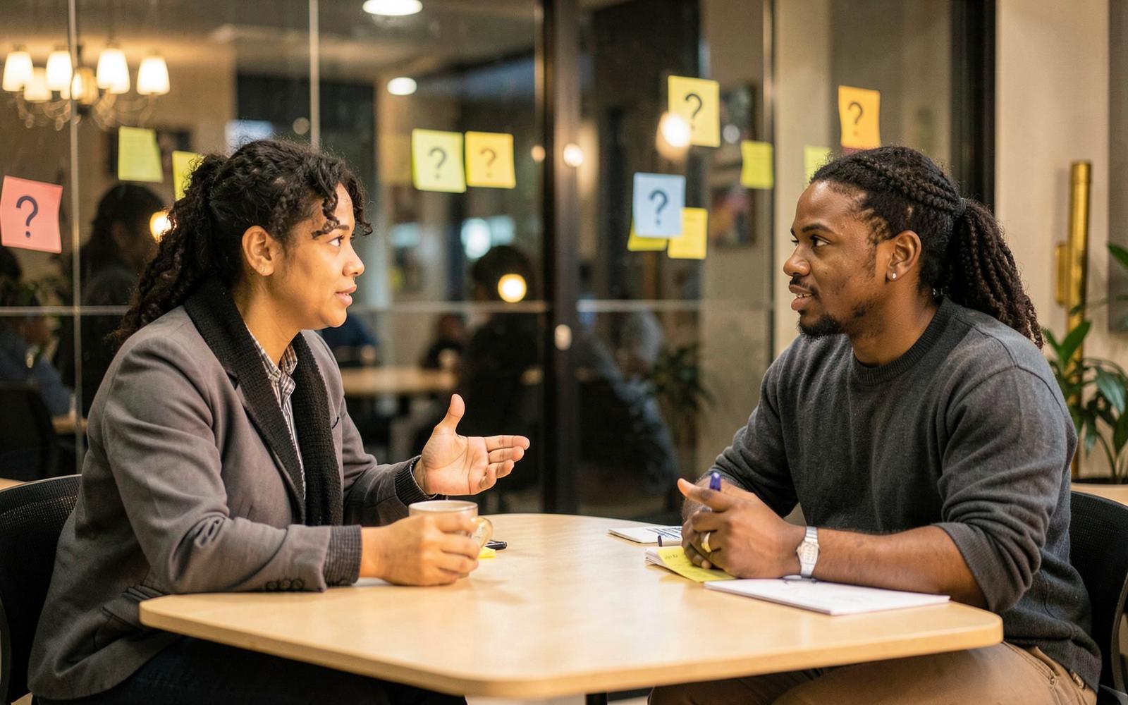 Two creatives talking through questions across a table in a bright workspace