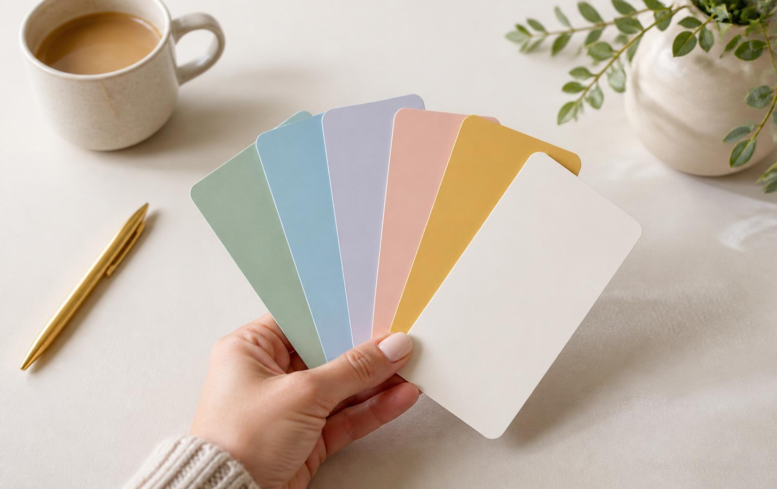 A hand choosing one of eight blank colourful cards fanned out on a pale desk