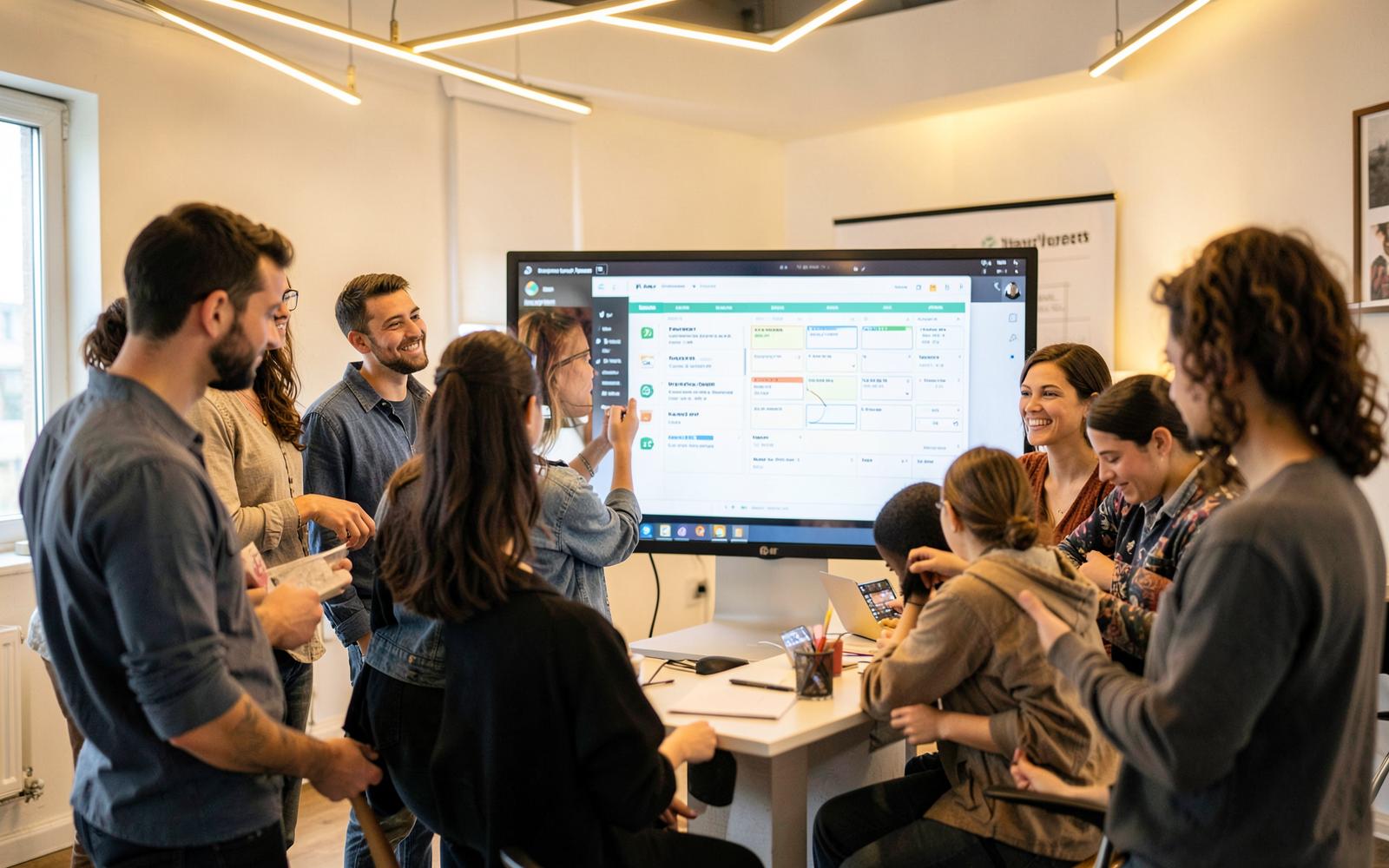 A diverse group of creators reviewing a daily task board together in a bright studio