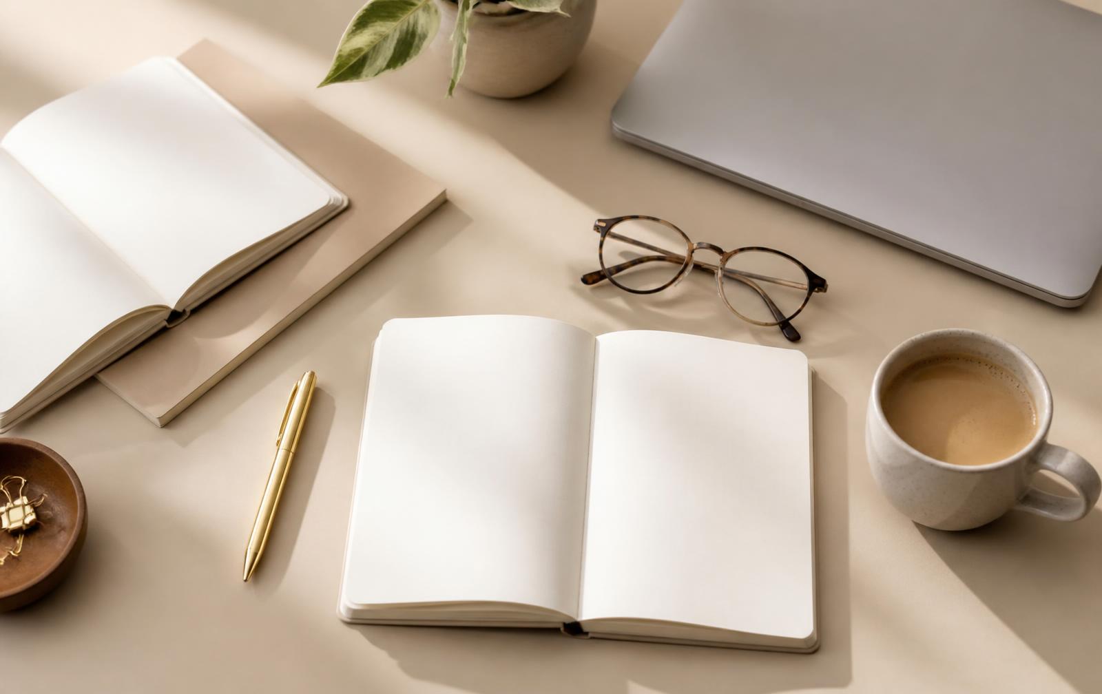 A calm desk with open blank notebooks, a gold pen, glasses, a laptop and coffee